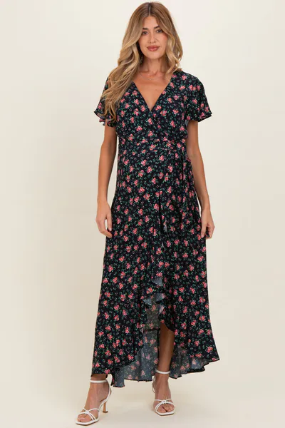 PinkBlush Red Floral Ruffled Hem Wrap Maternity Maxi Dress