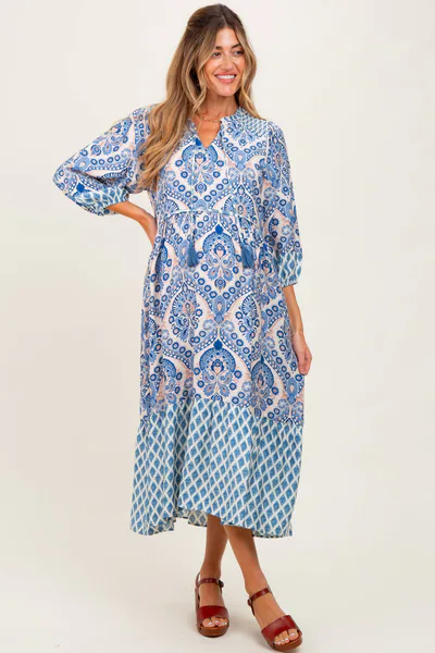PinkBlush Blue Damask Tassel Front Tie 3/4 Sleeve Maternity Midi Dress