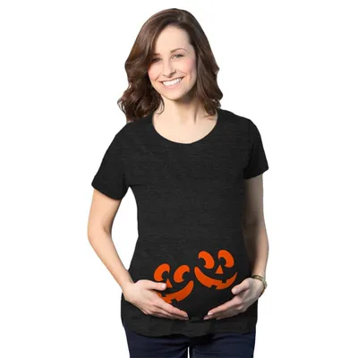 Target Maternity Twin Pumpkin Faces T Shirt Cute Halloween Jack-O-Lantern Pregnancy Tee - Crazy Dog Maternity T Shirt For Halloween Season Black S