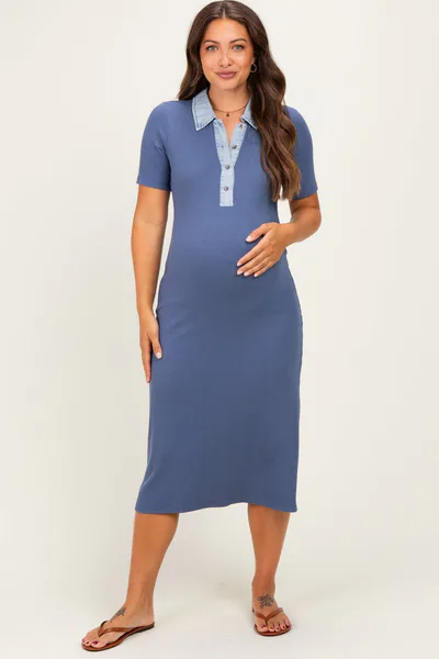 PinkBlush Dusty Navy Denim Contrast Collar Maternity Knit Midi Dress