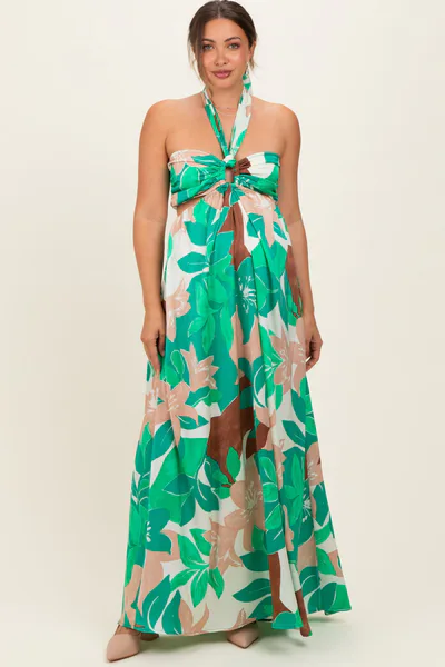 PinkBlush Green Floral Halter Cut Out Maternity Maxi Dress