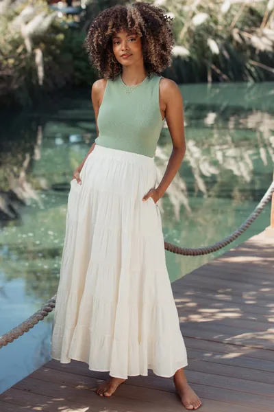 PinkBlush Cream Tiered Maternity Maxi Skirt