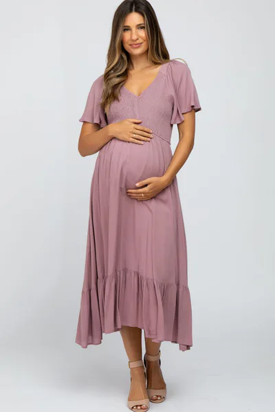 PinkBlush Mauve Smocked V-Neck Maternity Midi Dress