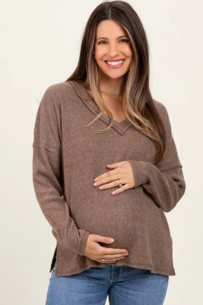 PinkBlush Mocha Ribbed V-Neck Long Sleeve Maternity Top