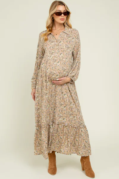 PinkBlush Mustard Floral Long Sleeve Button Down Collared Maternity Maxi Dress