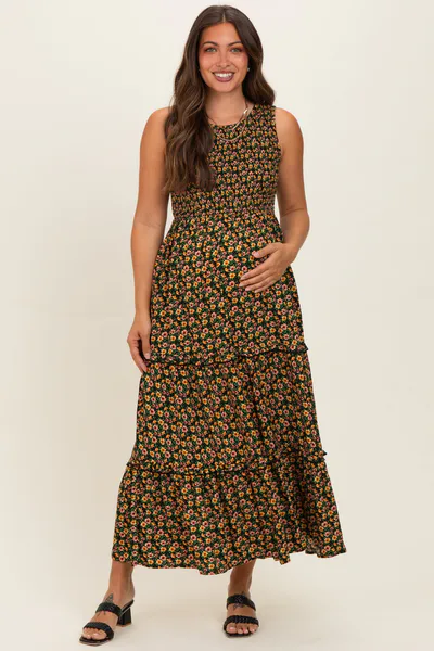 PinkBlush Multicolor Floral Smocked Sleeveless Tiered Maternity Maxi Dress