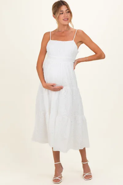 PinkBlush Off White Eyelet Lace Cutout Tie Back Maternity Midi Dress