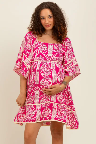 PinkBlush Fuchsia Printed Tie Back Contrast Trim Maternity Dress