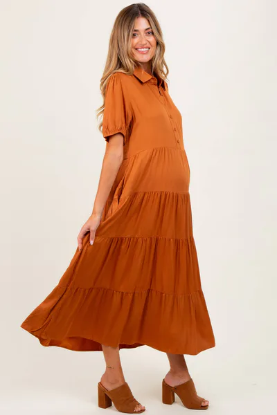 PinkBlush Camel Collared Button Down Tiered Maternity Midi Dress