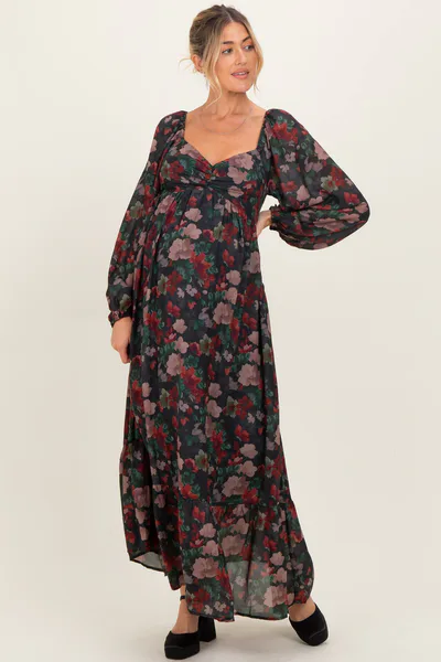 PinkBlush Black Floral Long Balloon Sleeve Sweetheart Neck Maternity Maxi Dress