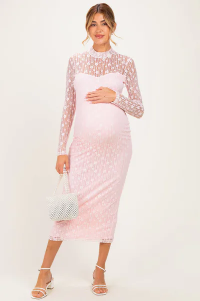 PinkBlush Light Pink Lace Mock Neck Long Sleeve Maternity Maxi Dress