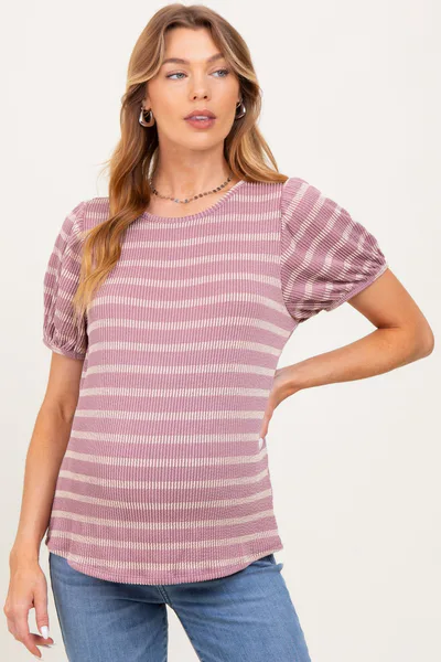 PinkBlush Pink Textured Knit Striped Puff Sleeve Maternity Top
