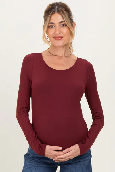 PinkBlush Burgundy Scoop Neck Long Sleeve Maternity Top