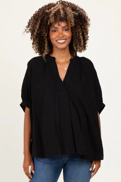 PinkBlush Black Textured Stripe Oversized Maternity Blouse
