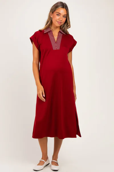 PinkBlush Burgundy Striped Collared Side Slit Maternity Midi Dress