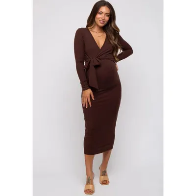 Target PinkBlush Brown Ribbed Long Sleeve Maternity Wrap Dress Brown Medium