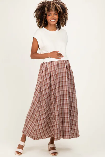PinkBlush Cream/Mocha Plaid Cap Sleeve Maternity Midi Dress