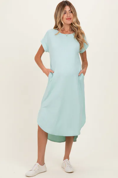 PinkBlush Mint Ribbed Curved Hem Maternity Midi Dress