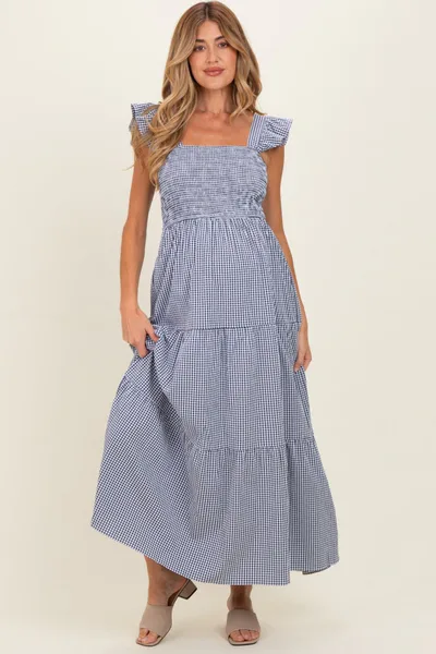 PinkBlush Navy Gingham Ruffle Strap Smocked Maternity Maxi Dress