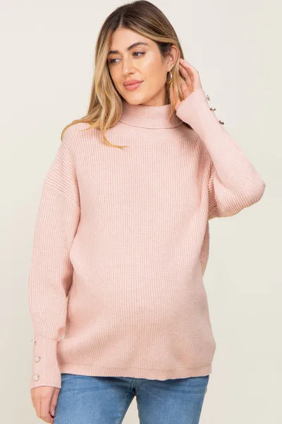 PinkBlush Light Pink Button Accent Turtleneck Maternity Sweater