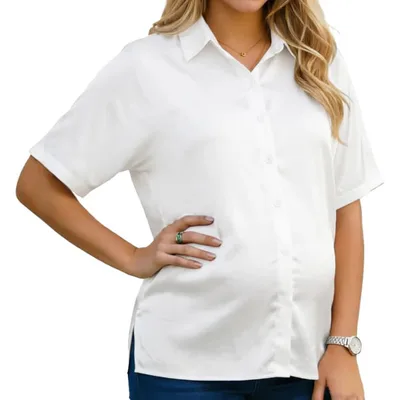 Target INSPIRE CHIC Women's Maternity Blouse Dolman Sleeve Loose Button Down Split Point Collar Short Sleeve Tops Pregnancy Shirts Large White