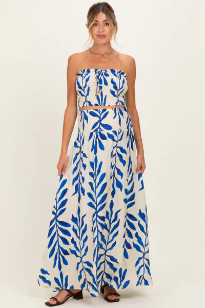 PinkBlush Royal Blue Leaf Print Smocked Crop Top Maxi Skirt Maternity Set