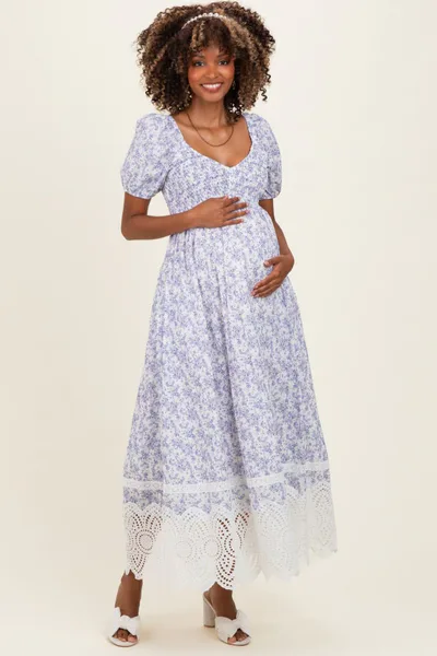 PinkBlush Light Blue Floral Smocked Maternity Maxi Dress