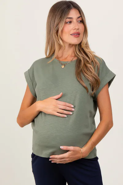 PinkBlush Light Olive Rolled Short Sleeve Maternity Tee