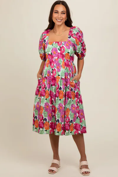 PinkBlush Magenta Floral Print Puff Sleeve Maternity Dress