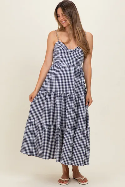 PinkBlush Navy Gingham Cutout Tie Back Tiered Maternity Maxi Dress