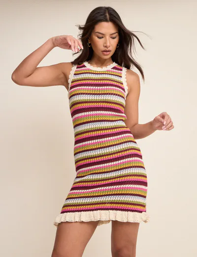 For The Creators Stripe Mock Crochet Mini Dress