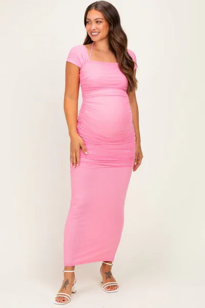 PinkBlush Pink Mesh Ruched Maternity Maxi Dress
