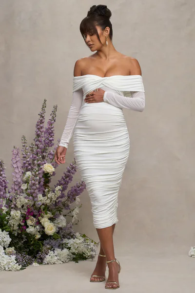 Club L London Neva | White Bardot Twist Maternity Midi Dress