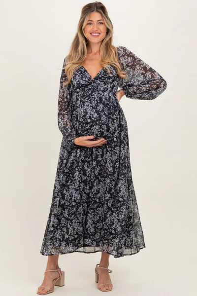 PinkBlush Black Floral Chiffon Twisted Front Maternity Midi Dress