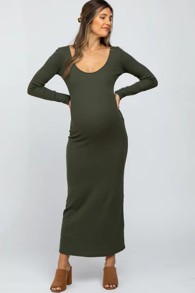 PinkBlush Olive Ribbed Long Sleeve Maxi Dress