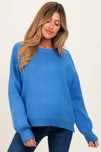 PinkBlush Blue Drop Shoulder Relaxed Fit Maternity Sweater