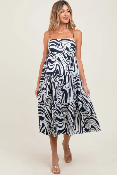 PinkBlush Navy Printed Tiered Sleeveless Maternity Midi Dress