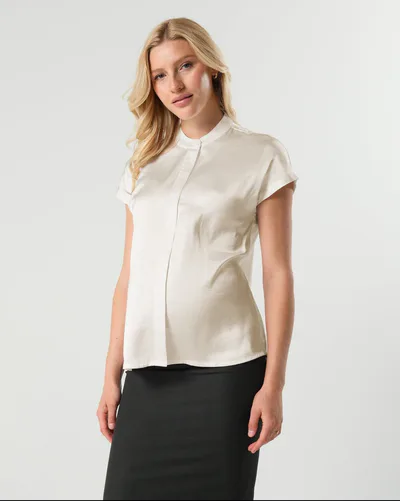 MARION Maternity Short Sleeve Satin Maternity Shell Top with Concealed Nursing Zip