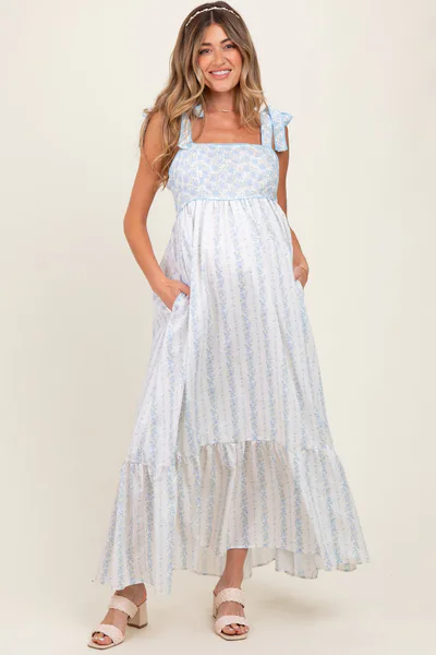 PinkBlush Light Blue Floral Cotton Maternity Dress