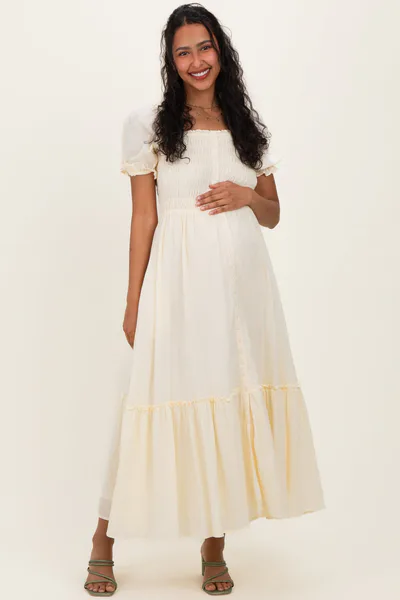 PinkBlush Light Yellow Smocked Button Down Maternity Maxi Dress