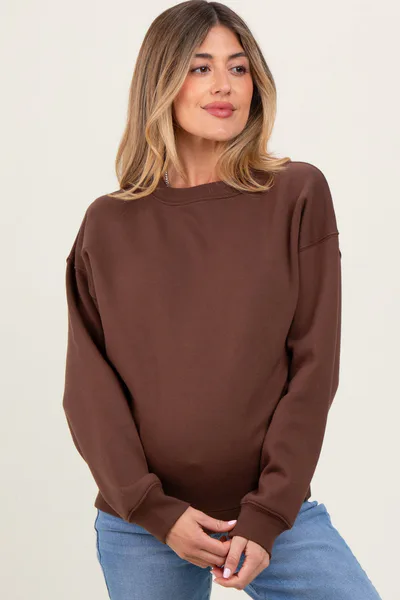 PinkBlush Brown Basic Fleece Crewneck Maternity Sweatshirt