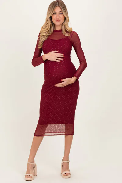 PinkBlush Burgundy Printed Mesh Long Sleeve Maternity Midi Dress