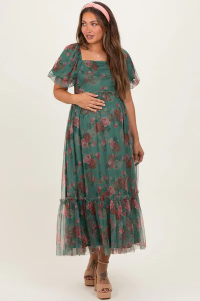 PinkBlush Forest Green Rose Print Tulle Overlay Maternity Midi Dress