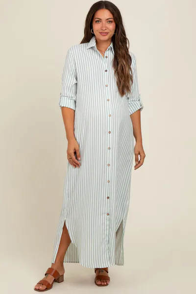 PinkBlush Light Olive Striped Button Down Maternity Maxi Dress