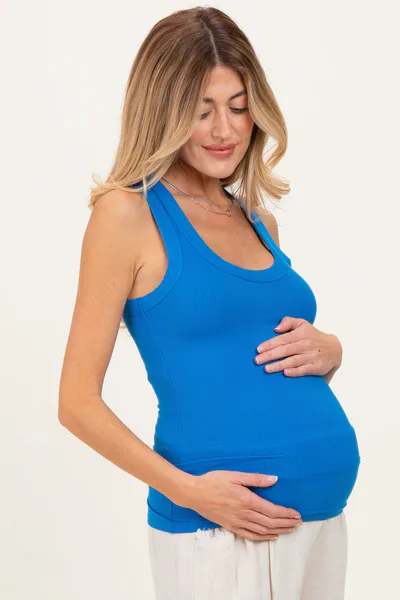 PinkBlush Aqua Blue Ribbed Scoop Neck Maternity Tank Top