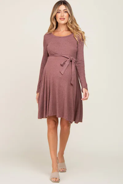 PinkBlush Mauve Soft Rib Knit Sash Tie Maternity Dress