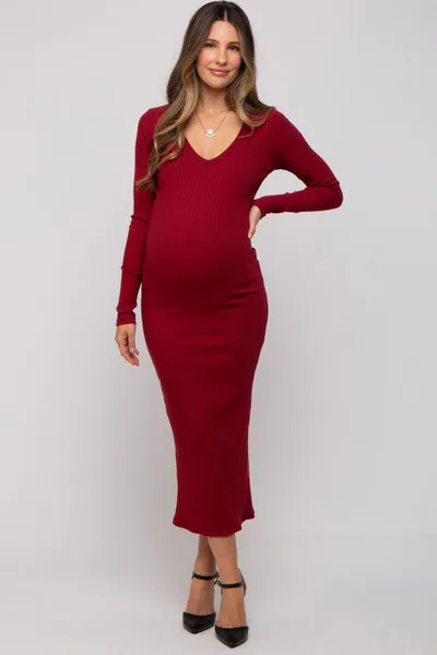 PinkBlush Burgundy Ribbed Long Sleeve Maternity Maxi Dress