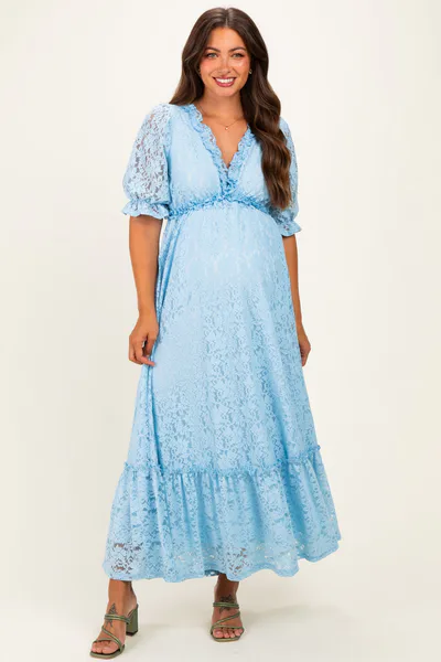 PinkBlush Blue Floral Lace V-Neck Maternity Maxi Dress
