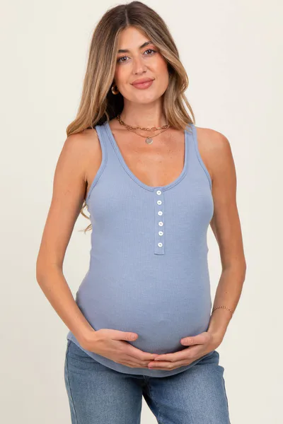 PinkBlush Blue Button Front Maternity Tank Top