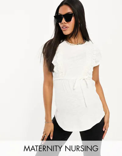 ASOS Mamalicious Maternity lace trim nursing t-shirt in white
